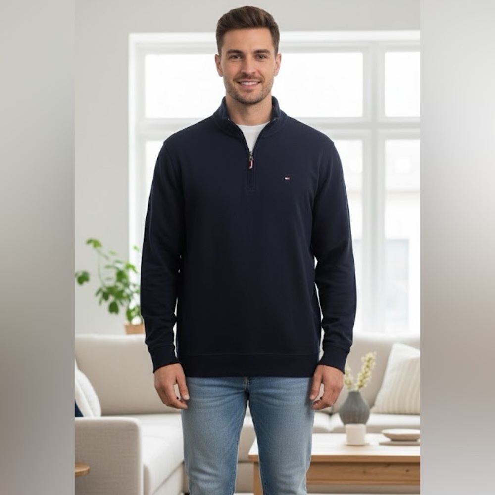 Tommy Hilfiger Quarter Zip Pullover Navy Blue Xl Cotton Blend Sweater